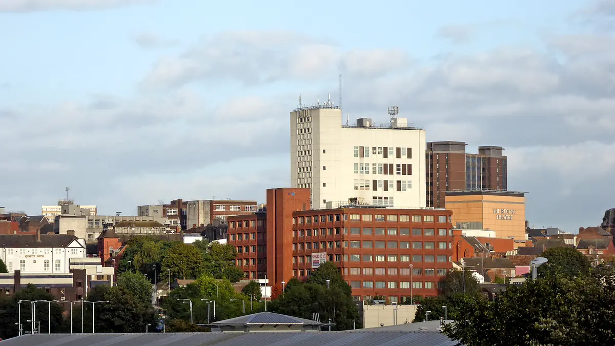 Hanley skyline in Stoke-on-Trent, with the Regent Theatre and surrounding buildings